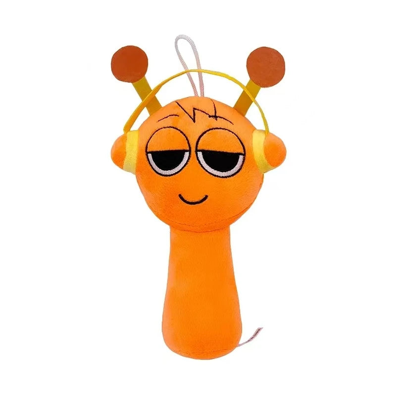 Orange toy with cartoon face and headphones on a white background