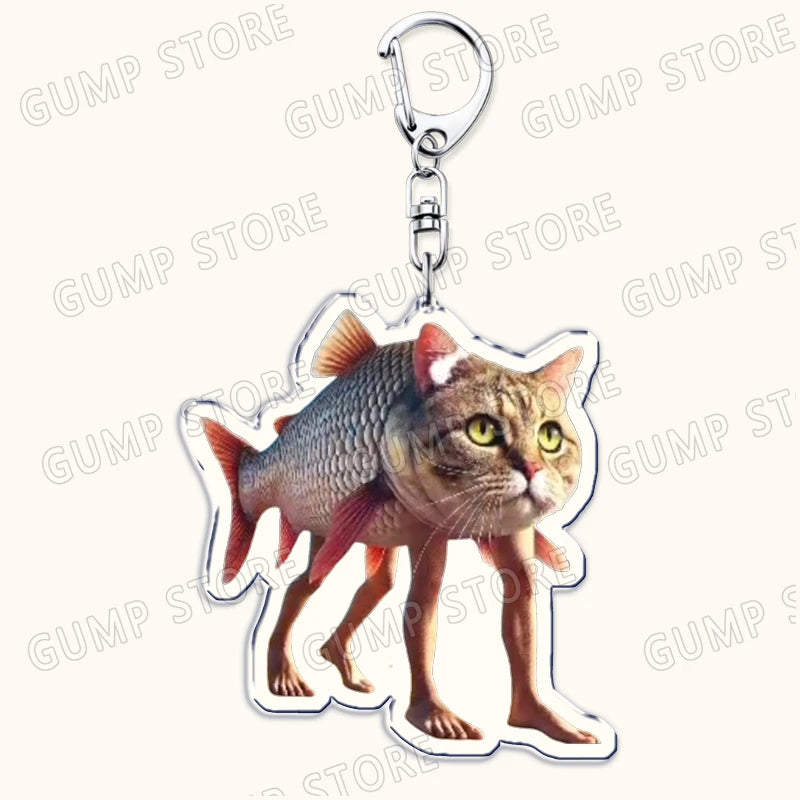 Keychain with a design of a cat with fish body on a white background