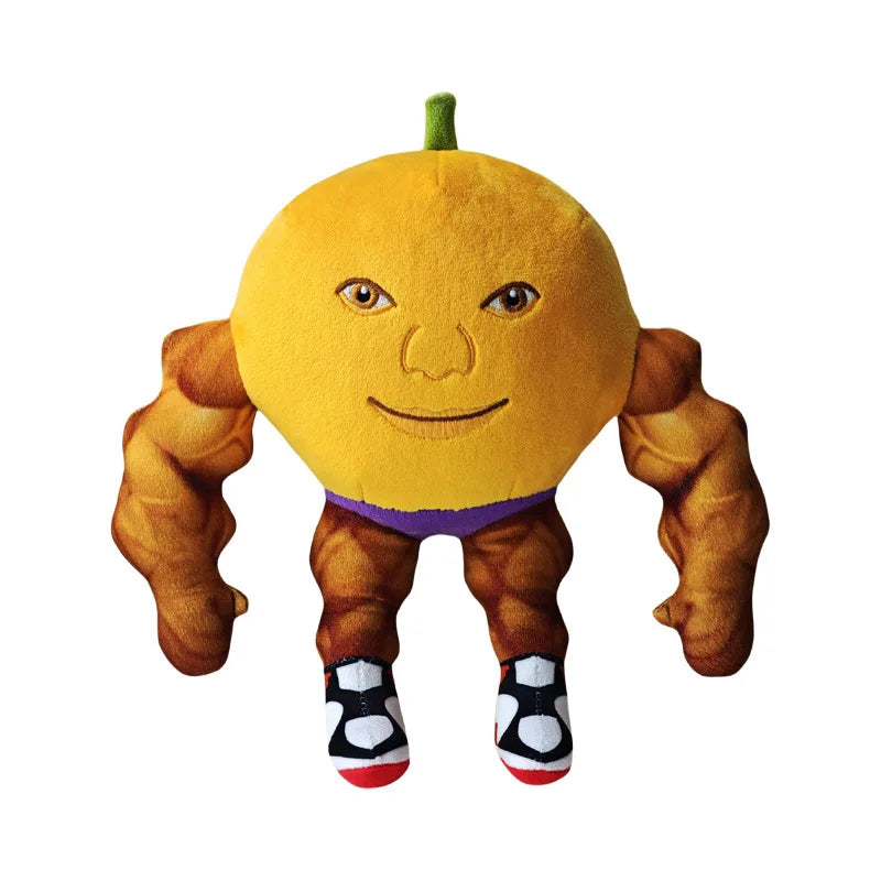 Plush toy resembling a fruit with a face, muscles, and shoes on a white background