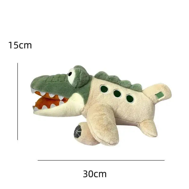 Plush toy alligator with measurements on a white background