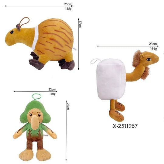 Three plush toys with measurements and weight labels on a white background