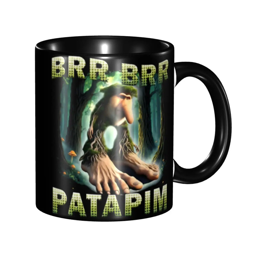 Black mug featuring a bold graphic of a Troll with the text 'BRR BRR PATAPIM' in stylized lettering.