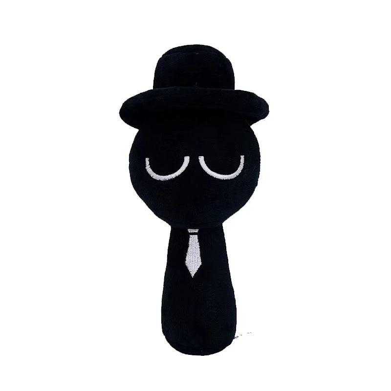 Black plush toy with a top hat and tie on a white background