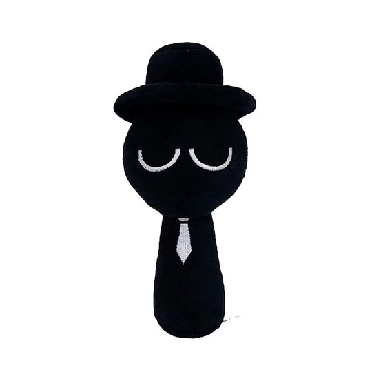 Black plush toy with a top hat and tie on a white background