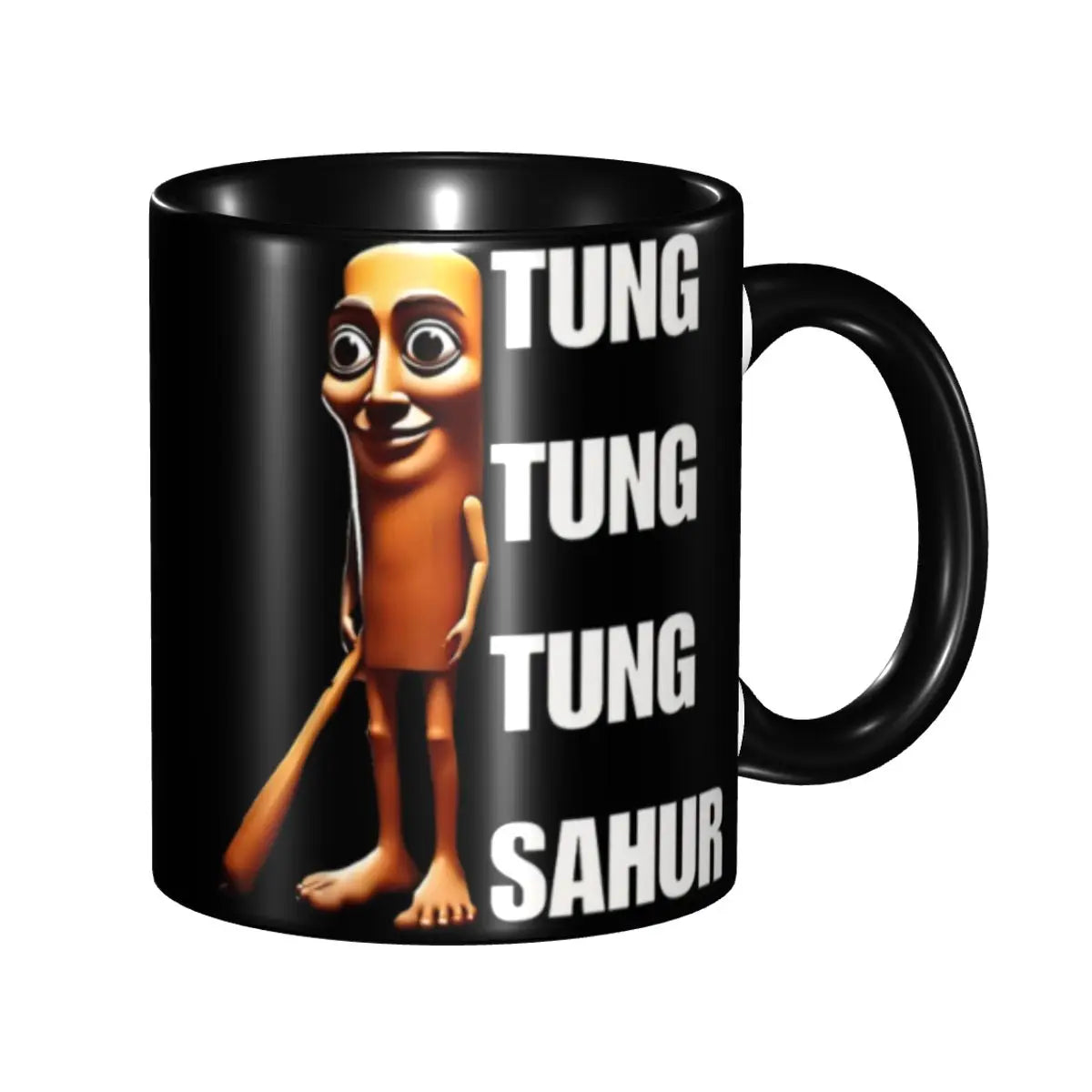 Black ceramic mug featuring a cartoon character with large eyes and an orange body holding a stick, accompanied by the text 'TUNG TUNG TUNG TUNG SAHUR'.