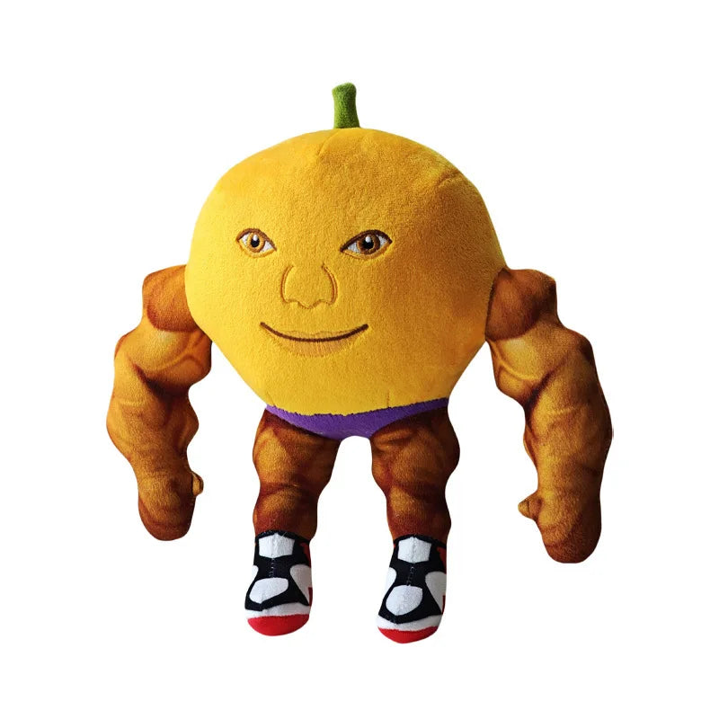 Plush toy resembling a muscular fruit with a smiling face on a white background