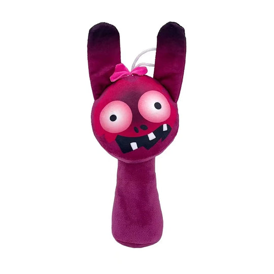 Purple plush toy with a happy expression on a white background