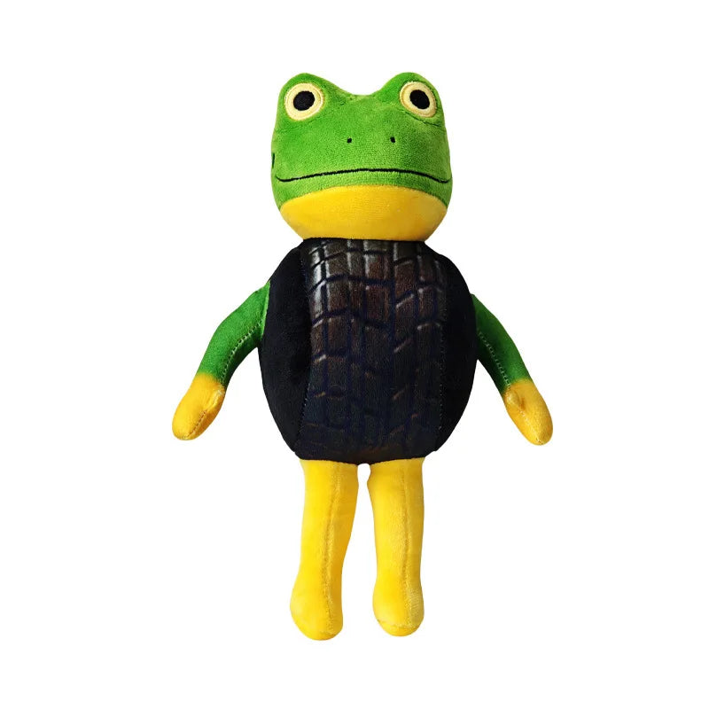 Plush toy frog wearing a turtle shell costume on a white background