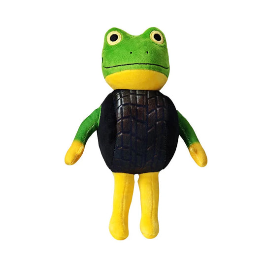 Plush toy frog wearing a turtle shell costume on a white background