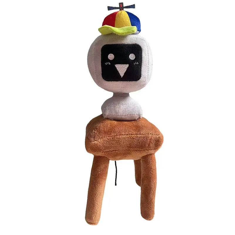 Plush toy with a colorful hat and brown base on a white background