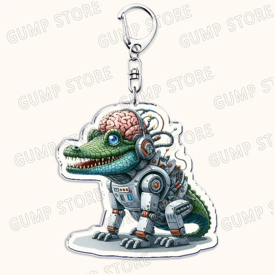 Keychain with a robot crocodile design on a white background