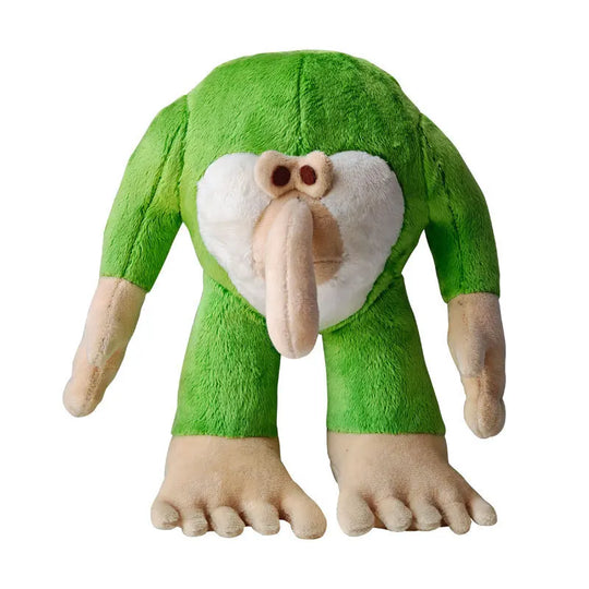 Green plush toy with a large white belly and beige feet on a white background