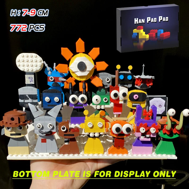 Collection of colorful toy figures made from building blocks with 'HAN PAO PAO' branding above.