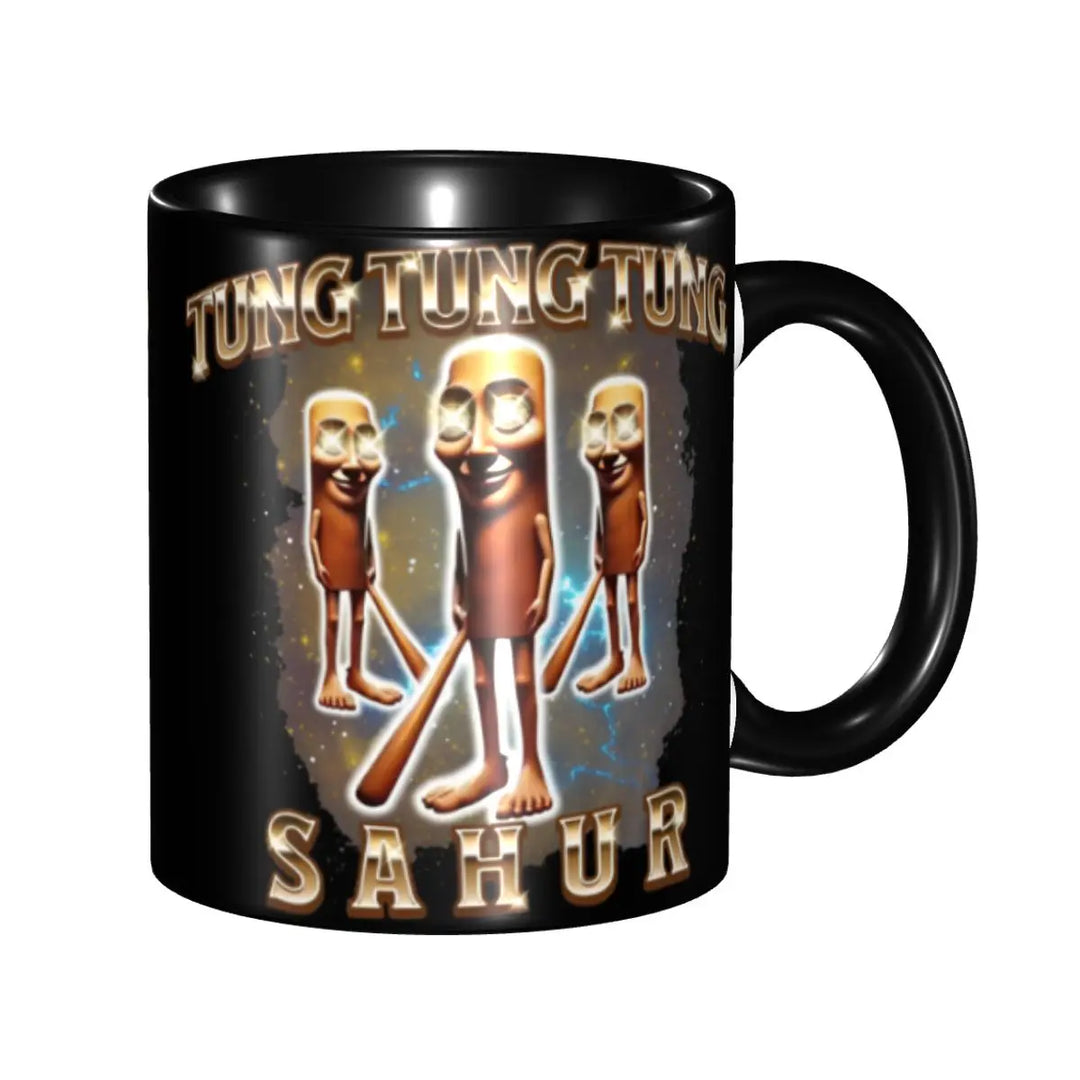 Black mug featuring three cartoon turkey legs with exaggerated eyes and mouths. The text "Turkey Leg Tribe" and "Savor" curving around design suggest humor.