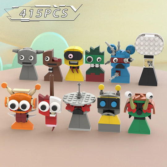 Set of colorful toy robots made from building blocks on a beige background
