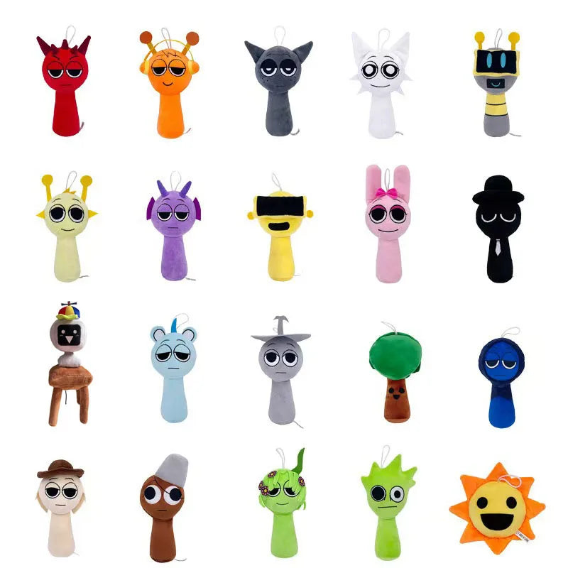 Collection of colorful plush toys with various designs on a white background