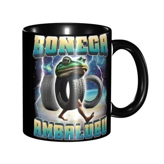 Black mug featuring a bold graphic of a raccoon with the text 'BONEDA AMBALUBU' in stylized lettering.