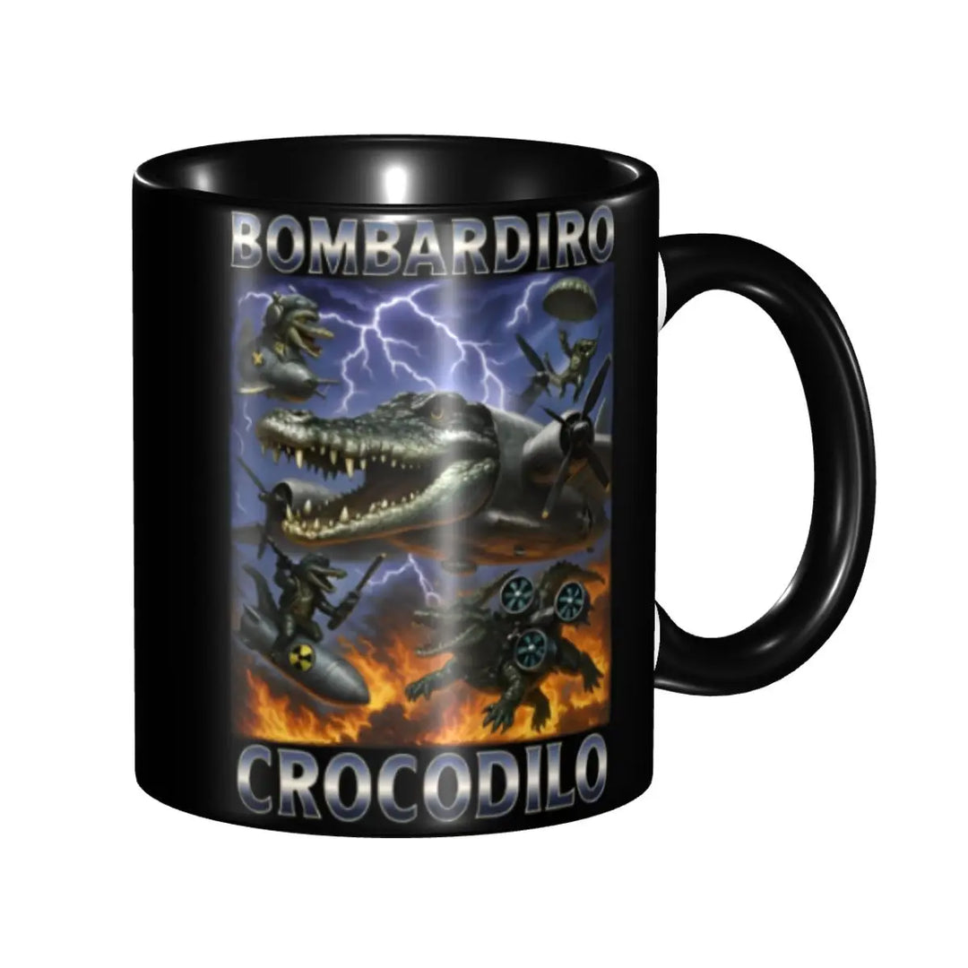 Product photo of a black mug featuring ‘BOmbradino crocodilo’ text and a whimsical crocodile‑airplane graphic with lightening across dark-blue sky background.