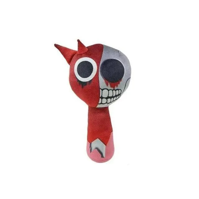 Red plush toy with a skull design on a white background