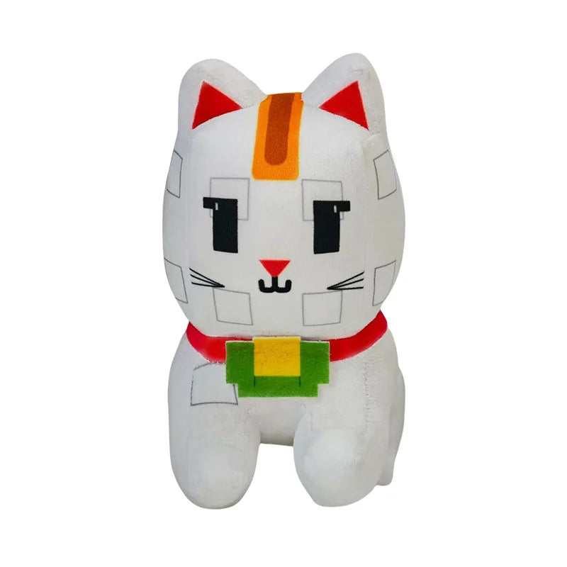 White plush cat toy with red, orange, and green accents on a white background