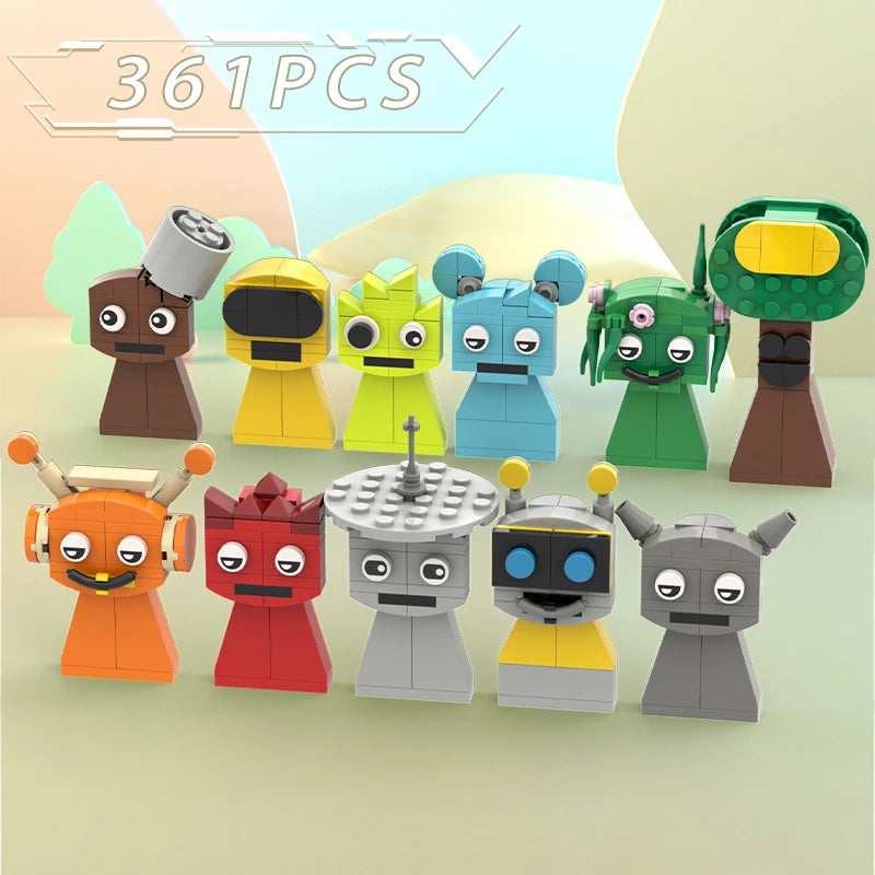 Set of colorful toy figures with a mountain and trees in the background