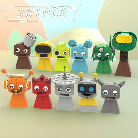 Set of colorful toy figures with a mountain and trees in the background
