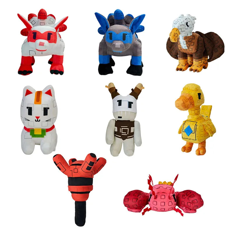 Collection of various plush toys on a white background