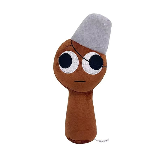 Plush toy with a brown body, gray hat, and black上线 on a white background