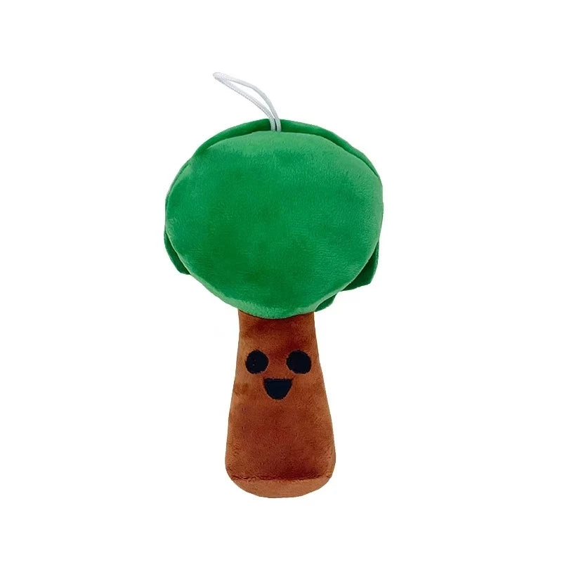 Plush toy shaped like a tree with a brown trunk and green top on a white background