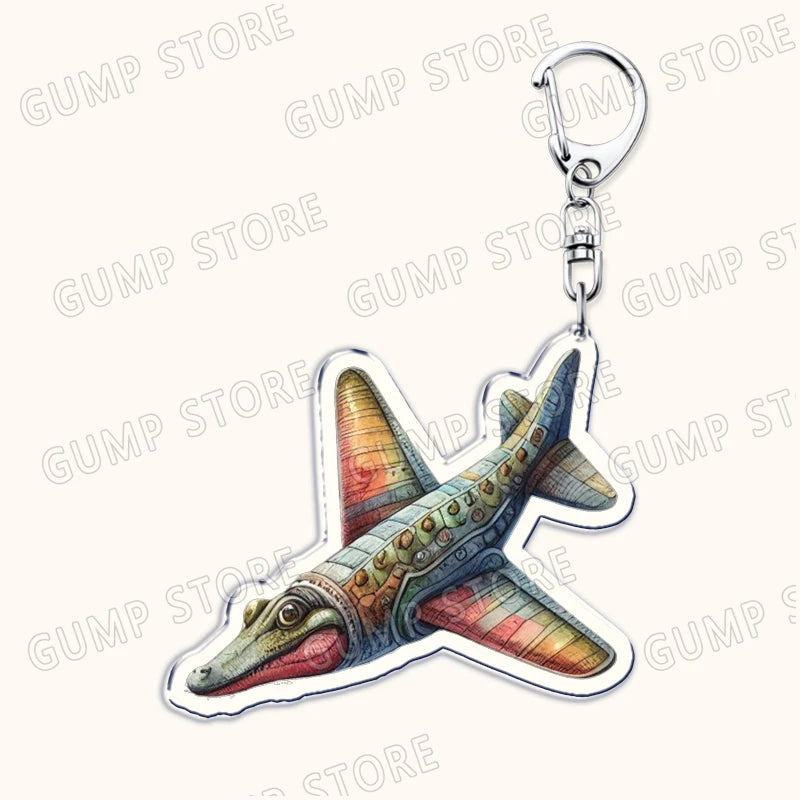 Colorful airplane-shaped keychain with a metallic hook on a white background.