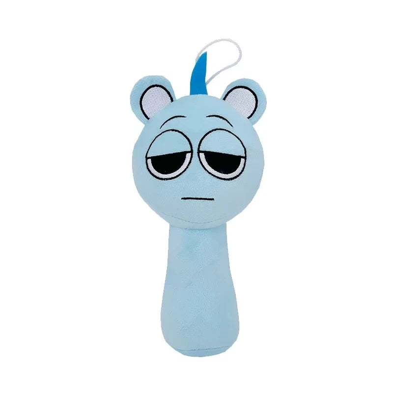 Blue plush toy with cartoon face on a white background