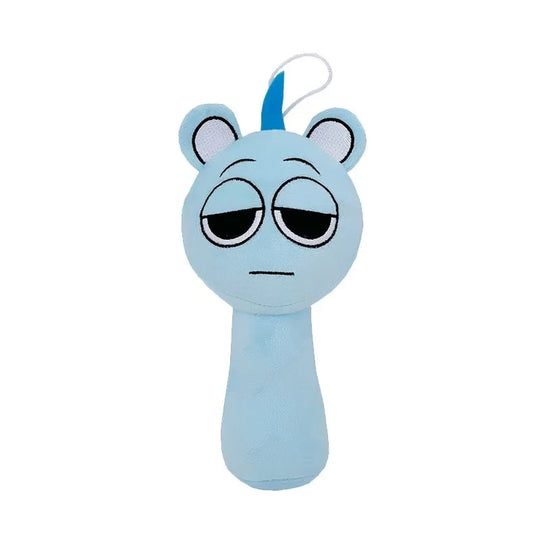 Blue plush toy with cartoon face on a white background