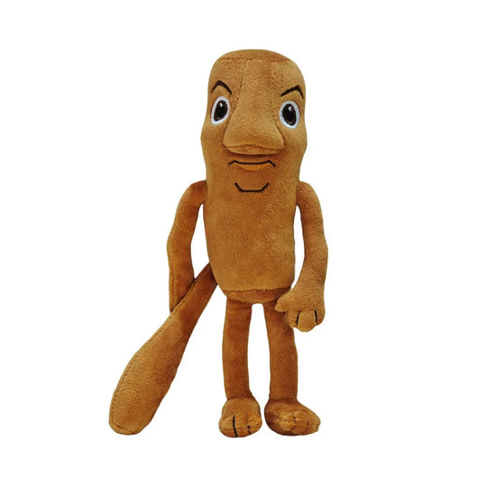 Brown plush toy with a face on a white background