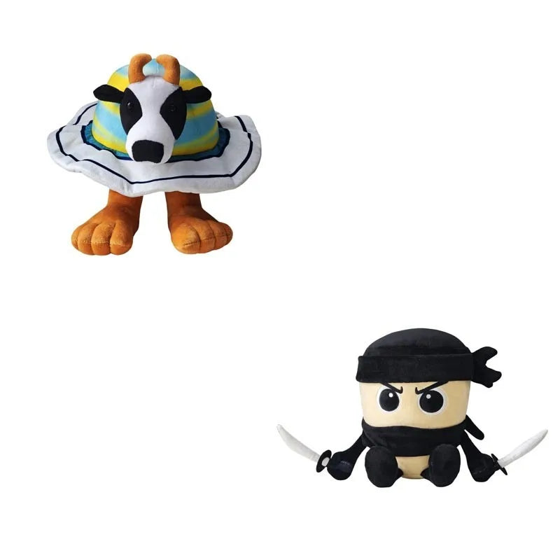 Two plush toys on a white background