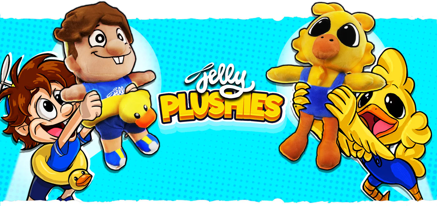 Cartoon characters holding plush toys with 'Jelly Plushies' branding on a blue background