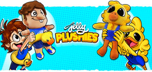 Cartoon characters holding plush toys with 'Jelly Plushies' branding on a blue background
