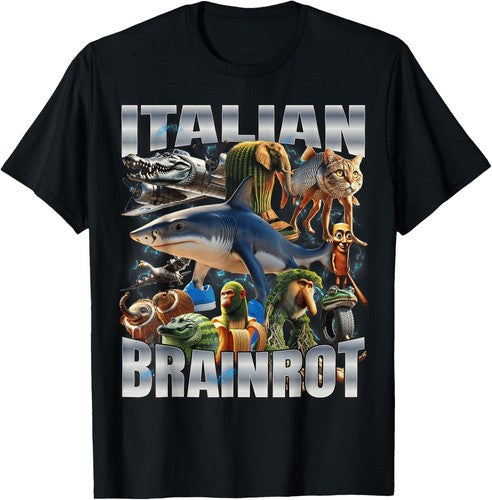 Black round neck shirt showing Italian Brainrot toy pack