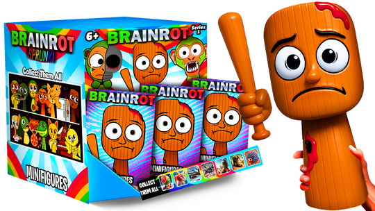 Collection of 'Brainrot' themed products including figures and packaging box.